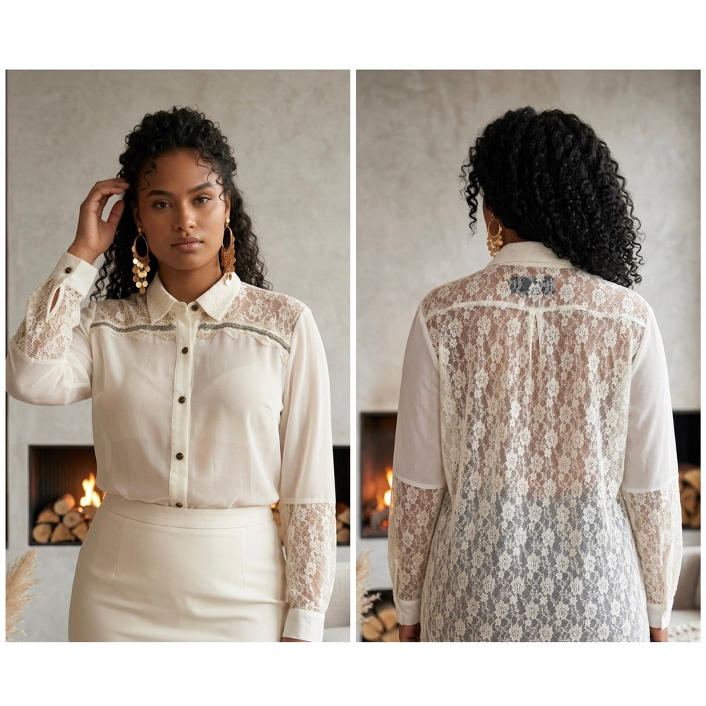 Roar Lacework Ivory Sheer Lace Back Beaded Western Button Down Blouse Lg Prairie
